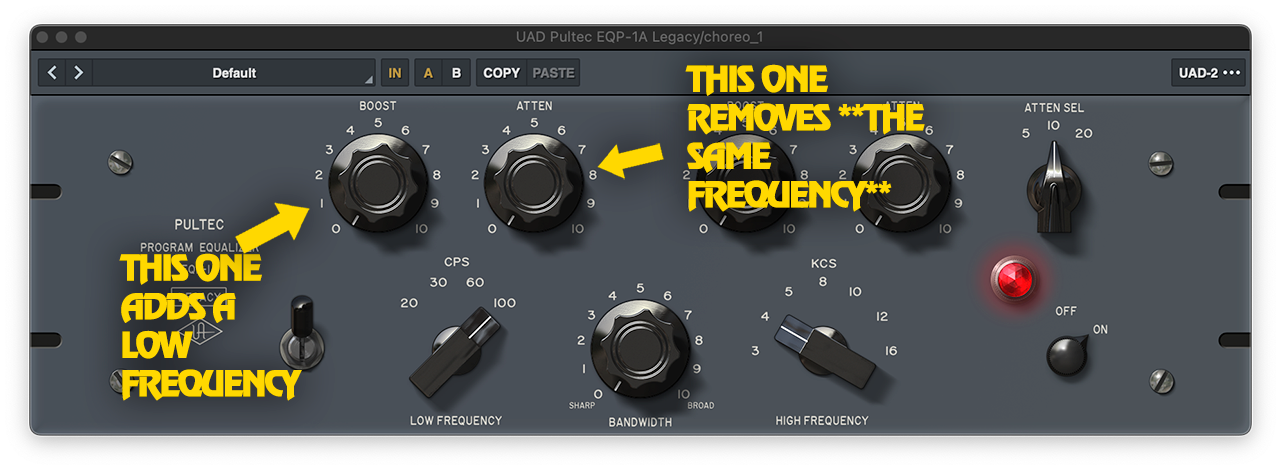 The Pultec equaliser that has two dials, allowing you to boost or attenuate the same frequency AT THE SAME TIME!?!?!?