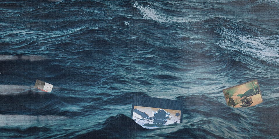an extremely good photoshop of polinski vinyl records floating in the ocean.