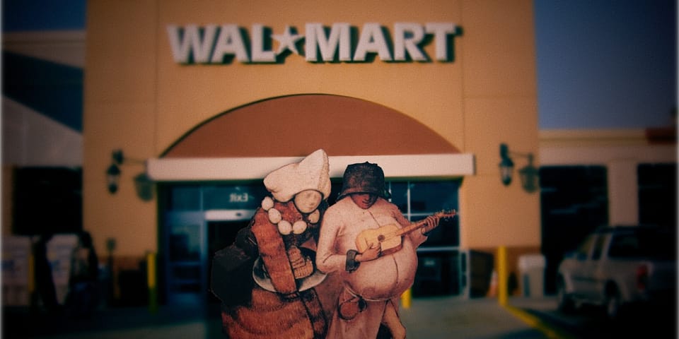 a couple of travelling muscians with an acoustic guitar leaving a walmart in another excellent photoshop rendering