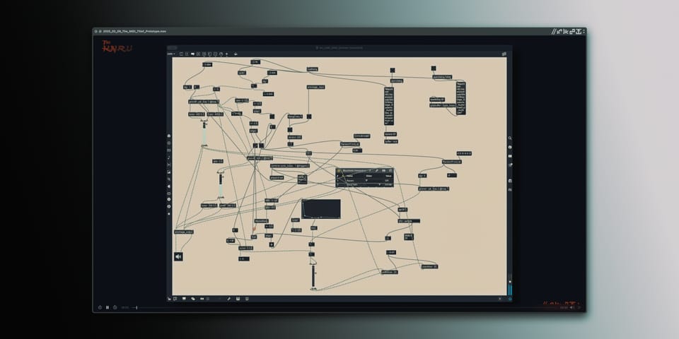 screenshot of a video showing a max patch of a prototype of 'The MIDI Thief' generative audio system