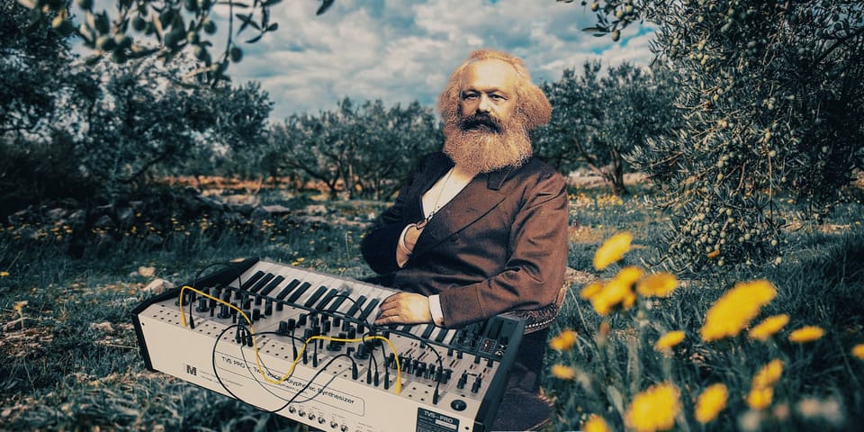 karl marx on some kind of utopian farming commune making wicked arpeggios on a cool synth