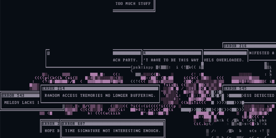 Glitchy ASCII-style error message windows cycling round and round too fast to read