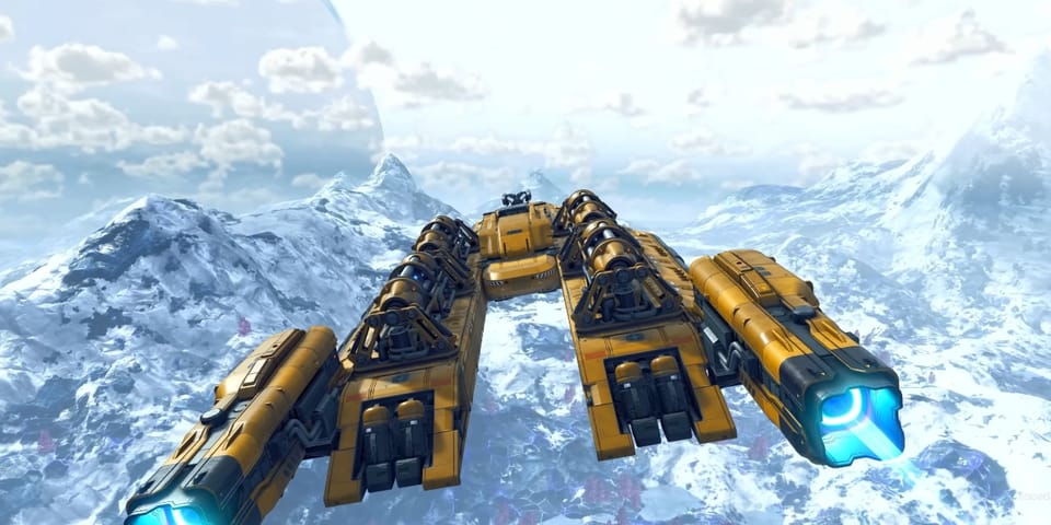 a still from no man's sky showing a spaceship flying over snowy mountains